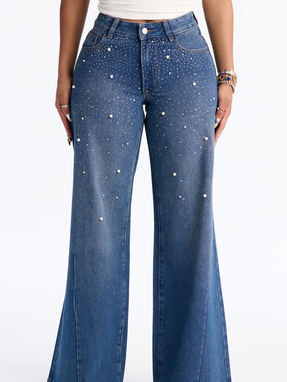 Fashion Nova Pearly Whites Embellished Low Waist Wide Leg Jeans